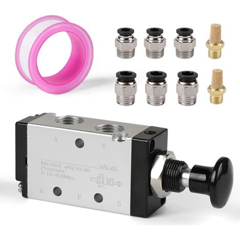 1/4" 5-Way 2-Position Pneumatic Manual Lever Valve, Pneumatic Solenoid Valve with 6mm/8mm Connector and Silencer, Push-Pull Manual Control Pneumatic Valve for Compressed Air (1/5)