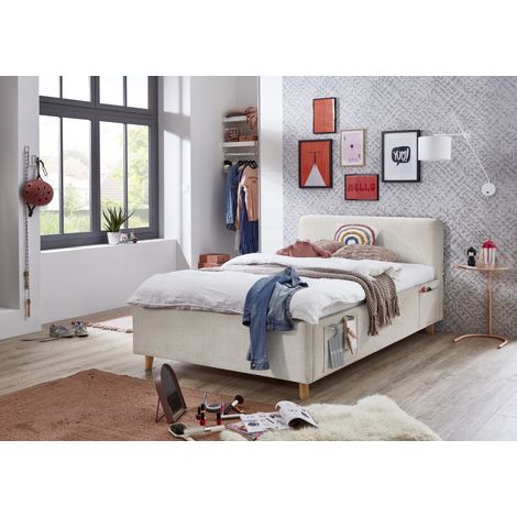 Meise Möbel Jugendbett Cosy 140x200 cm Bettgestell USB 4 Betttaschen Strukturstoff Beige Holzfuß eichefarbig (1/5)