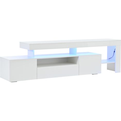Meuble TV blanc laqué avec LED, 3 placards, 192x37x53 cm, adapté pour téléviseurs jusqu'à 85 pouces (1/5)
