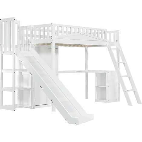Kinder-Hochbett weiß 90x200 cm mit Rutsche, Schreibtisch und Kleiderschrank MODENUIT (1/5)
