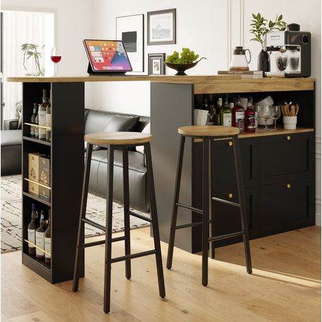 Set bar per cucina 138x39x105 cm, con spazio contenitore, 2 sgabelli neri, struttura in metallo, effetto legno (1/5)