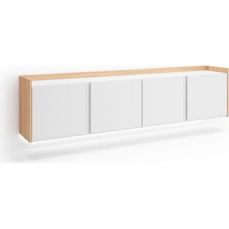 Skraut Home - Mueble TV, Televisión, Muebles de salón, almacenaje, 207x35x50cm, Para TV hasta 80", Colgado, Suspendido, LED, Estilo Moderno, Blanco y roble soft (1/5)