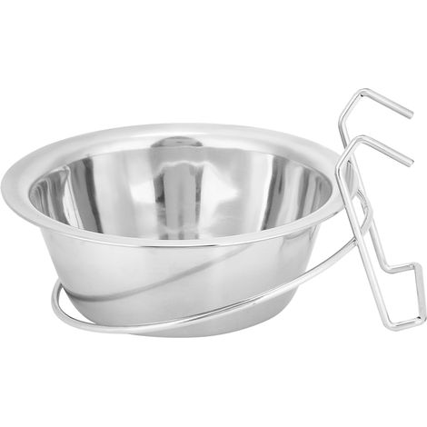 Gamelle suspendue en acier inoxydable pour chien et chat, résistante et durable, à fixer à la cage grâce à son support. (1/5)