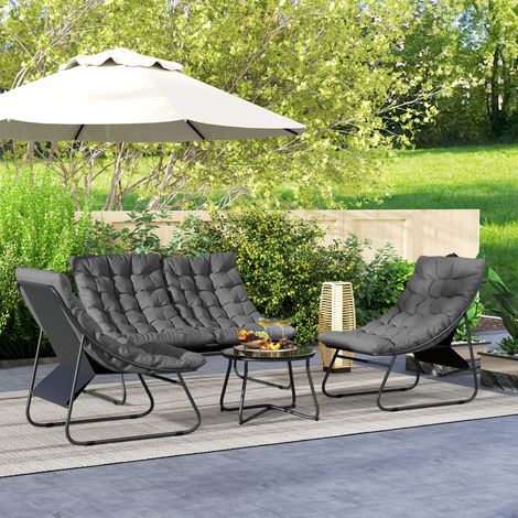 Conjunto de muebles de jardín de 4 plazas, 2 sillas, 1 sofá cama, 1 mesa, cojines gruesos, estructura de acero, para patio, gris. (1/5)