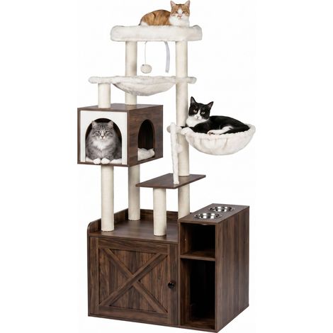 Relaxdays Kratzbaum mit Katzenkloschrank & Futterstation, HBT 144x71x45,5 cm, Sisalstämme & Liegemulde, Holzoptik, braun (1/5)