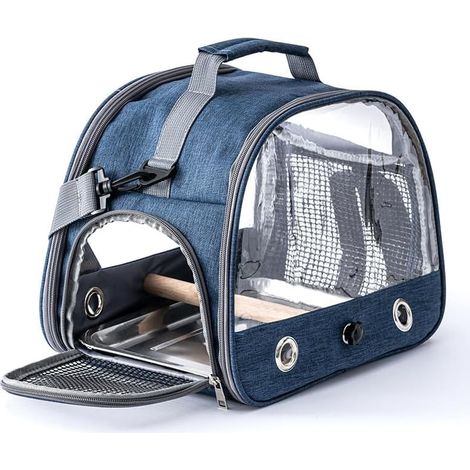 Cage de transport pour perroquets - Pliable, imperméable - Avec perchoir et plateau acier - Pour oiseaux et petits animaux - Voyage et véto-Bleu marine (1/5)