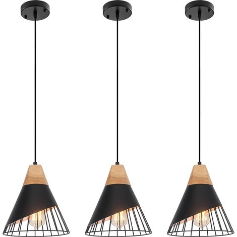 Lot de 3 Suspensions Luminaire Industrielle Bois et Métal Ø25 cm – Lustres Cage E27, Pour Cuisine et Salon (1/5)