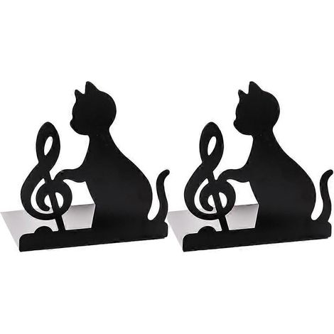 Lot de 2 serre-livres en fer à motif chat, pratiques et simples, pour livres, présentoir de bureau et porte-revues, idéal pour le bureau ou l'école.-18.5X16cm-Black