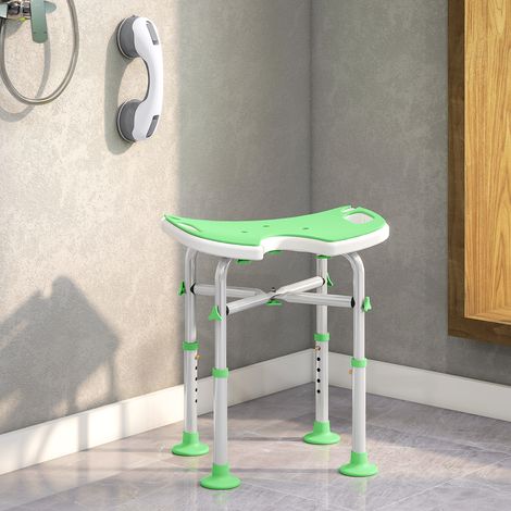 Tabouret de Douche, Hauteur Ajustable 39-51,5 cm, Barre d'Appui à Ventouse, Patins à Ventouse, Vert (1/5)