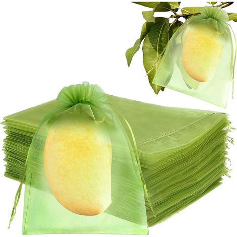 50 Bustina di Protezione di Frutta, 17x23 cm, Verde, abito in Organza Con Coulisse, Anti Uccello, Insetto, Per il Giardino, Frutteto (1/5)