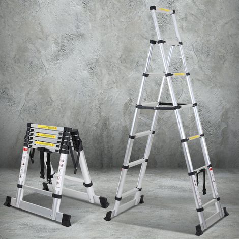 SWANEW Scala telescopica fino a 150 kg Scala a gradini stabile in alluminio Con trave d'equilibrio 1.7m+2.0m (1/5)