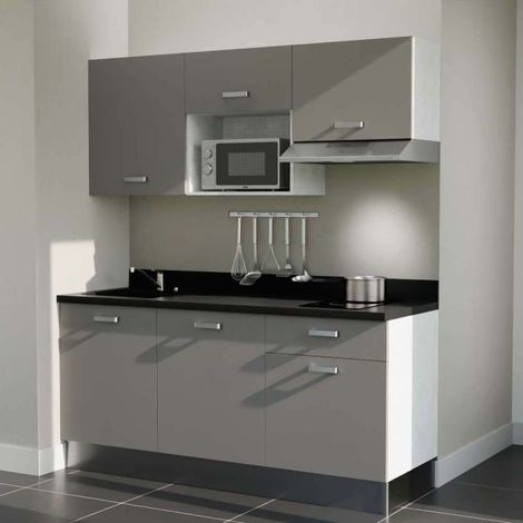 Kitchenette K30L - 180 cm - plan monobloc évier intégré Nero- évier à gauche - Façades Gris + Electroménager inclus coloris Inox