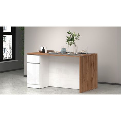 Îlot de cuisine 2 portes 160 cm blanc brillant/chêne wotan Solena (1/5)