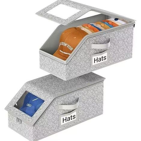 Organizzatore per cappellini da baseball, scatola trasparente impilabile e pieghevole per 12 cappellini da baseball, organizer antipolvere per armadio, 2 pezzi, grigio