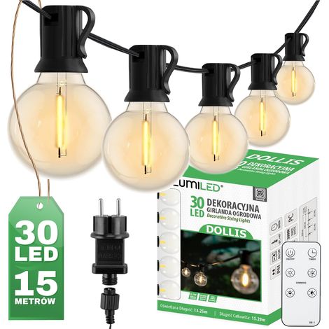 Lichterkette für den Garten, 15,2 m, 30 LED-Kugeln (3000 K) + DOLLIS LUMILED Fernbedienung