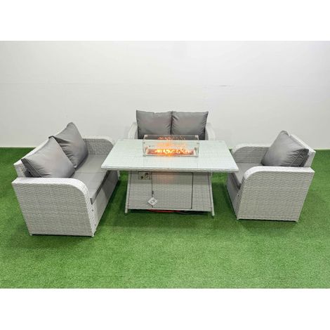 Fimous High Back Poly Rattan Garden Furniture Set with Reclining Chair Loveseat Sofa Firepit Dining Table Indoor Outdoor Patio Set Light Grey (1/4)