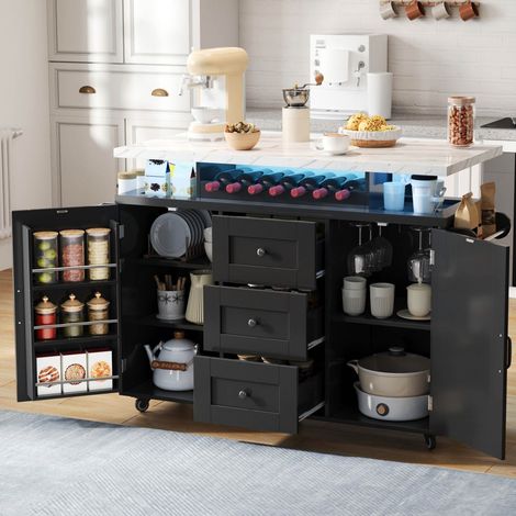 Isola centrale da cucina mobile 138x60x93 cm - Carrello con piano ribaltabile e LED RGB - Portabottiglie e 3 cassetti - MDF nero effetto marmo