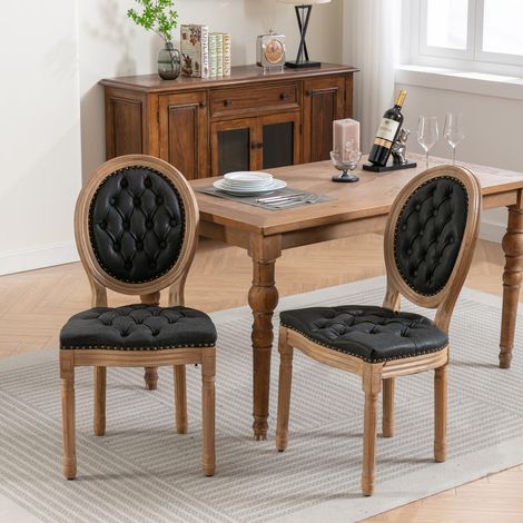 Lot de 2 Chaises en Bois Massif - Dossier confortable en similicuir, finition vieillie (patinée) - assise rembourrée - style campagnard, Noir (1/5)