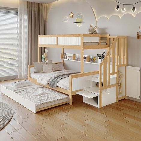 Lit superposé 90x200 cm + 120x200 cm avec lit gigogne 90x190 cm, échelle avec rangements, armoire, barrières, blanc et bois (1/5)