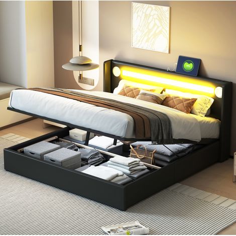 Letto con contenitore imbottito in ecopelle PU nera 160x200 cm con LED, Bluetooth, USB e rete a doghe (1/5)