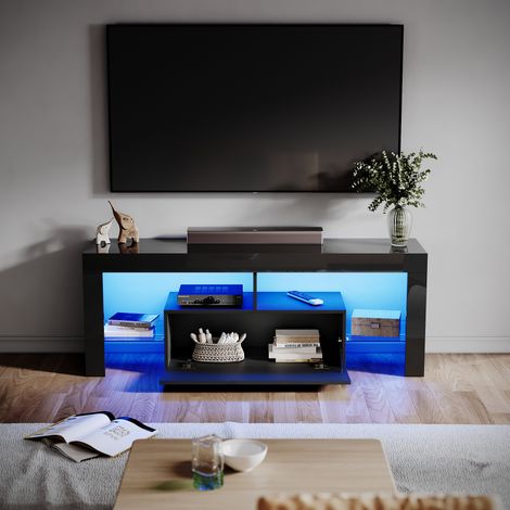 ELEGANT High Gloss LED TV Stand Ambient Light TV Cabinet with Glass Partition Large Storage Living Room Bedroom Furniture, Black 1400mm (1/5)