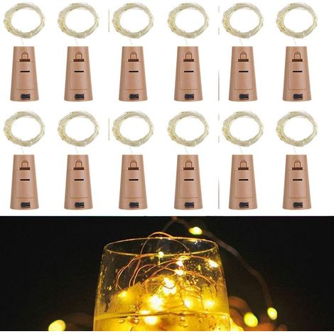 Lot de 12 LED Bouteille Guirlande Liège Lampes,2M 20 LED Lampes de Bouteille,Argenté Fil Guirlandes Lumineuses pour DIY Décorer Fête, Barbecue, Jardin, Chambre, Noël, Halloween (Blanc Chaud)