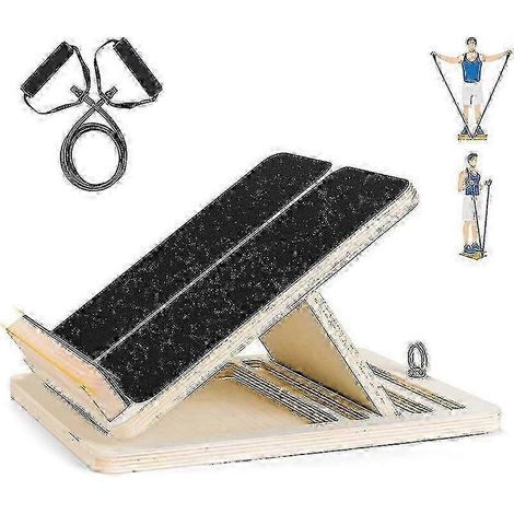 Étireur de mollets et de chevilles professionnel en bois avec bandes de résistance, planche inclinée pliable et réglable (1/4)