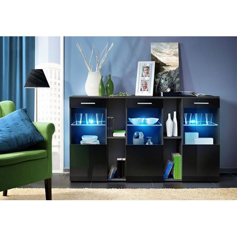 Buffet Dorade avec vitrine et éclairage LED - Bois MDF noir brillant - 160 x 92 x 40 cm - Livraison gratuite