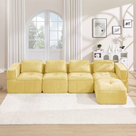 Divano angolare modulare 4 posti L, senza telaio, con pouf, poliestere giallo DESVIAE (1/5)