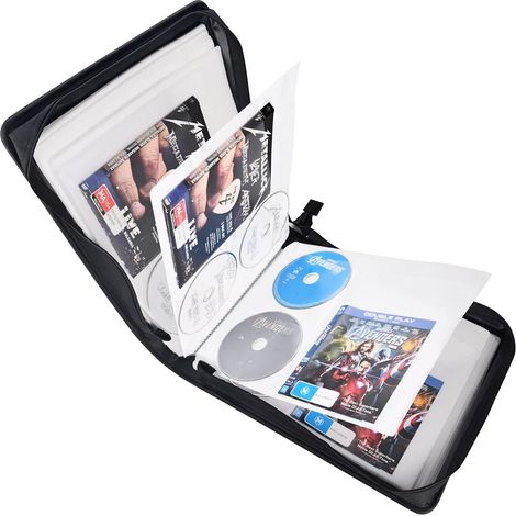 Étui noir rangement 128 DVD + 64 livrets, inserts inclus, support pochettes CD/DVD maison/voiture