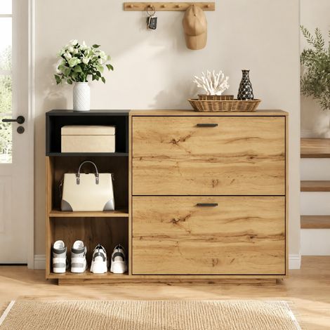 Mueble zapatero 120 x 32 x 84,5 cm en MDF, 3 nichos abiertos, 2 abatibles OKMYHOME (1/5)