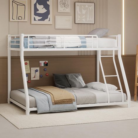 Lit superposé métallique robuste (1 place en haut, 1 place en bas), avec échelle et barrière de sécurité sur toute la longueur, pour adolescents et adultes, silencieux. (1/5)