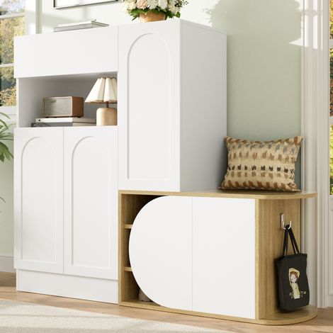 Schuhschrank mit Bank, 1 Schublade, 5 Türen, MDF weiß und Holz, 130 x 35 x 110,5 cm HAVRYA (1/5)