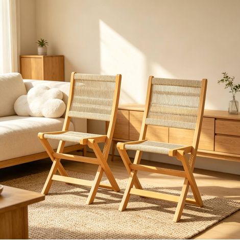 Silla de jardín plegable de acacia y PP, beige y natural, juego de 2 (1/5)