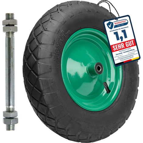 Garronda Roue de brouette 4.80/4.00-8 4PR Ø 390×97 mm avec axe, profil losange, jante acier peinte, doubles roulements, valve auto, moyeu 97 mm alésage 12 mm GD-0163, Noir-Vert