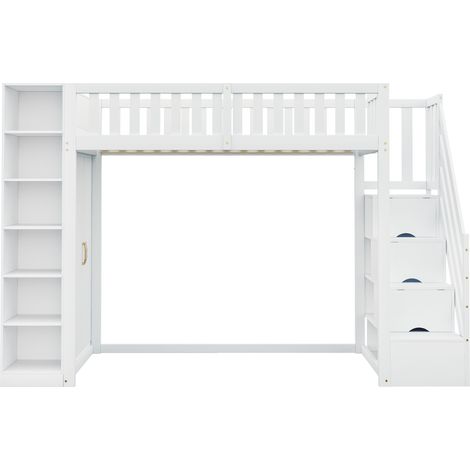 Lit mezzanine multifonctionnel en bois massif avec escalier, rangements et armoire cadre de lit gain de place pour les chambres d'enfants. (1/5)