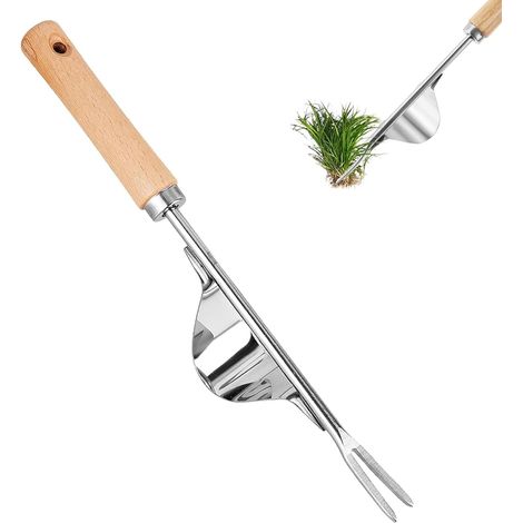 1 - Désherbeur Manuel - Sarcleur à Main - Acier Inoxydable et Manche en Bois - Pour Creuser et Arracher les Racines - Jardin et Potager - Naturel - 30x5cm