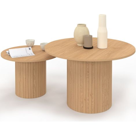 Lot de 2 tables basses gigognes JULIETTE rondes 50/70 effet lattes tasseau bois coloris chêne
