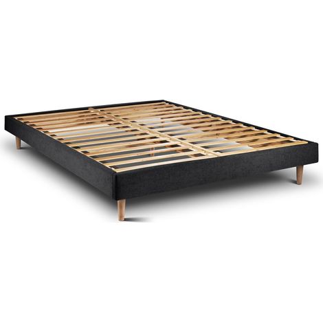 Lit 160x200cm avec tête de lit tapissier tissu et sommier kit Noir - Hauteur totale : 29cm (1/4)