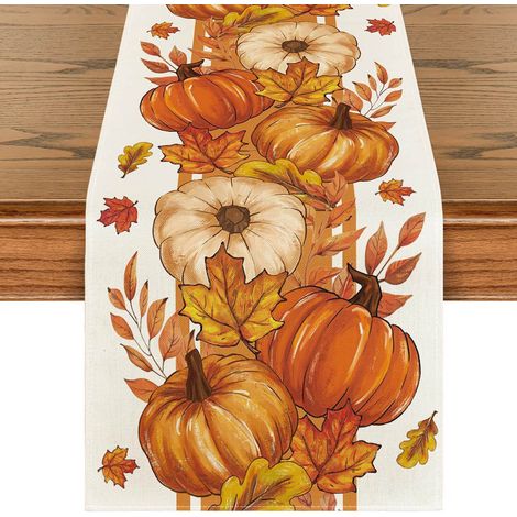 Chemin de table à motifs citrouille et feuille d'érable pour la cuisine, la salle à manger, les fêtes et la décoration de table basse - 30 x 180 cm (polyester) - Style 1
