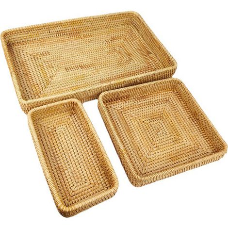 Plateau en Rotin Tressé à la Main, Lot de 3 Corbeilles de Rangement pour Snacks, Plateau de Service Multifonctionnel (1/5)
