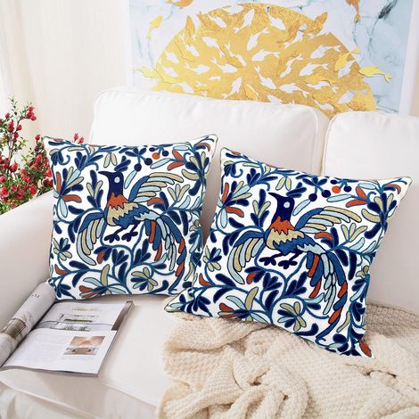JSSEVN - Set of 2 embroidered cotton decorative summer cushion covers with a bohemian navy blue bird motif for sofa, living room, bedroom - 45 x 45 cm (1/5)