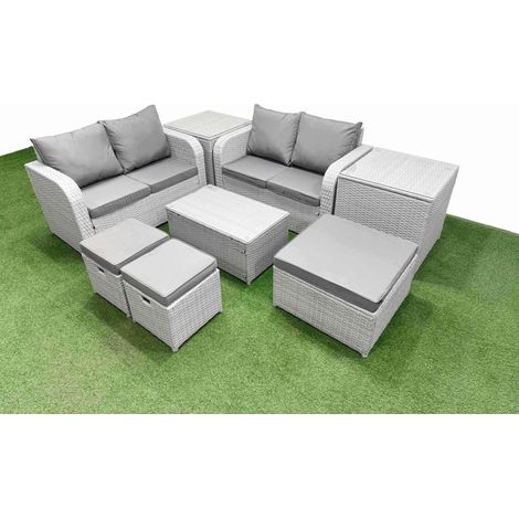 Fimous 7 Seater Outdoor Love Sofa Set Rattan Garden Furniture Set with Rectangular Coffee Table 3 Footstool 2 Side Tables Light Grey (1/5)