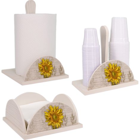 Lupia - Set 3 pezzi SHABBY GIRASOLE Porta Bicchieri, Porta Tovaglioli e Porta Rotolo, Legno decorato stile Shabby, Adatto a stile moderno e classico, Dimensioni varie, Girasole, Legno (1/4)