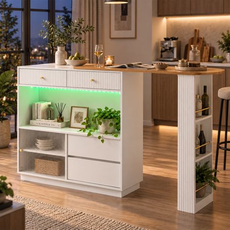 Isla de cocina giratoria con barra extensible LED, almacenaje, 120 x 30 x 100 cm, blanca REDOM (1/5)
