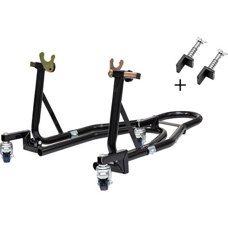 Support/élévateur arrière pour moto BIKETEC PRO avec adaptateurs en V et en L sur chariot (1/2)