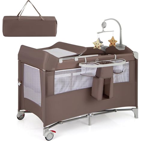 GOPLUS Lit Parapluie Bébé avec Matelas, 5 en 1 Berceau Bébé Evolutif avec Table à Langer, Jouets, Roues Verrouillables, Lit de Voyage avec Sac de Transport pour 0-3 Ans, Charge 15KG (Marron) (1/5)