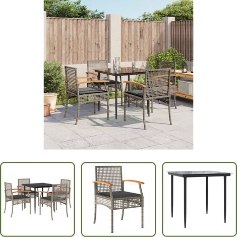 Gartentisch -  5-tlg. Garten-Essgruppe mit Kissen Grau Poly Rattan (1/5)