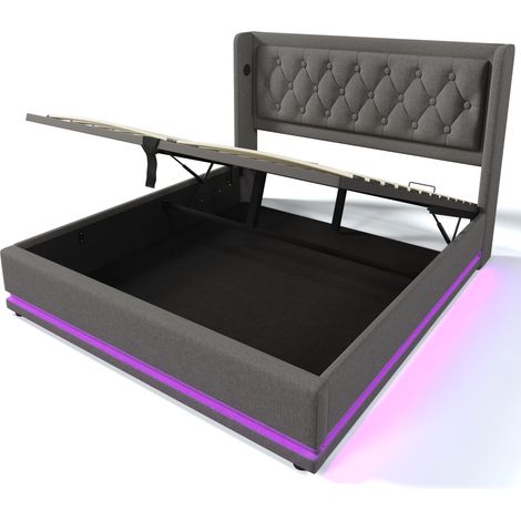 Cama doble con canapé 180x200 cm gris de algodón con LED USB Tipo-C (1/5)