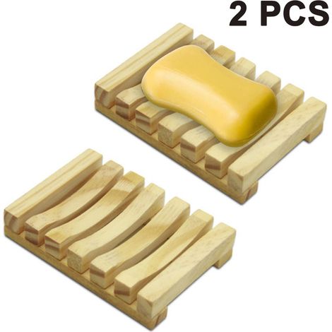 Lot de 2 porte-savons en bois pour douche, porte-savon artisanal pour lavabo, boîte à savon en bambou naturel pour savon et éponges à récurer (1/5)